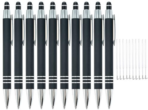 Catelves 2 in 1 Kugelschreiber Mit Touchpen Set - 10 Stück Hochwertig, 1,0mm, Schwarz Mit Rutschfeste Griffzone, 10 Nachfüllen für Büro Haushalt