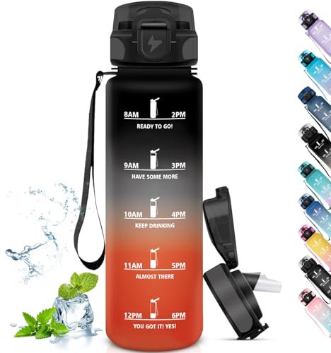 Grsta Borraccia 1 Litro, Borraccia Palestra Senza Perdite, Motivazionale con Scala Temporale, Bottiglia con Cannuccia, Facile da Pulire, Borraccia per Sport, Fitness, Ciclismo, Nero-Rosso