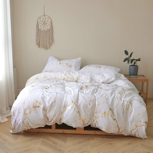 Gezu Housse de Couette 140x200 Marbre Blanc Doré Parure de Lit Adulte 1 Personne en Microfibre Housse Couette Linge de Lit 140 x 200 avec Fermeture éclair et 1X 65x65cm Taies d'oreiller