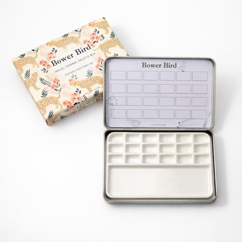 Bower Bird Travel Watercolor Palette with 6 Well Metal Box and 18 Well Porcelain Palette