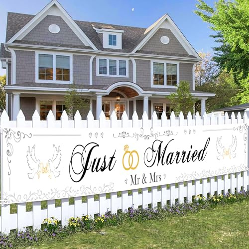 Frisch Verheiratet Banner Hochzeit Deko - Hochzeitsdeko, Just Married Girlande, Mr Mrs Hochzeitsbanner Geschenk, Elegant Hochzeitszeremonie Außen Absperrband, für Brautpaar Brautdusche 274 x 37 cm