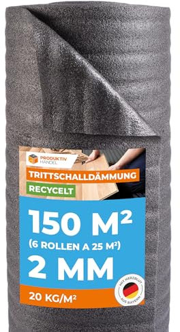 Produktiv Handel Trittschalldämmung 2mm Profi Basic 150m² | Recycelte PE-Schaumfolie | 6 Rollen als Laminat- und Parkettunterlage zur Wärmedämmung | Fußbodenheizung geeignet
