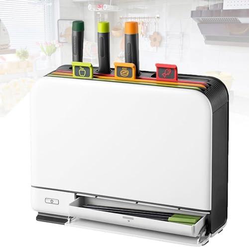 Cutting Board Set with Holder - Self Cleaning and Drying Boards, Color Coded Organizers with Stand - Kitchen Smart Gadgets for Space Saving Storage