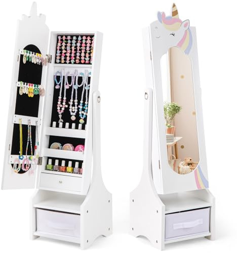COSTWAY Armoire à Bijoux Enfant avec Miroir Argenté, Organisateur à Bijoux en Motif Licorne avec Bac en Tissu, 2 Angles d'Inclinaison, Dispositif Anti-basculement, Miroir sur Pied pour 3 Ans+ (Blanc)