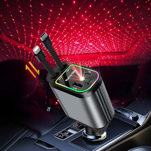 4 in 1 Einziehbares Auto Ladegerät Adapter,Zigarettenanzünder USB C 66W Einziehbares Auto Ladegerät Schnellladegerät Handy KFZ Ladegerät Ladekabel Auto Kompatibel mit iPhone, Samsung Galaxy, Google Pi