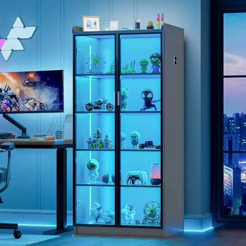 Lvifur Led Vitrine Buffetschrank Sideboard, 35 × 70 × 165 cm Smart Vitrinenschrank RGB 20 Farben Dimmbares Sideboard Intelligente Sensorik Vorratsschrank Wohnzimmer （Grau）