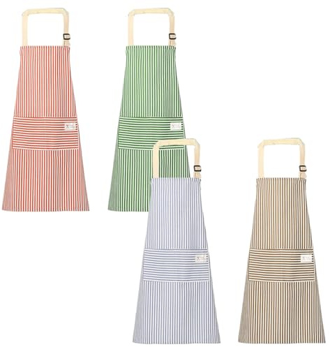 Vyanveo 4 Stück Kochschürze Schürze Damen/Herren, Baumwolle Leinen Verstellbare Küchenschürze Damen Apron Women mit 2 Taschen für Kochen, Backen, Hausarbeiten,Malen