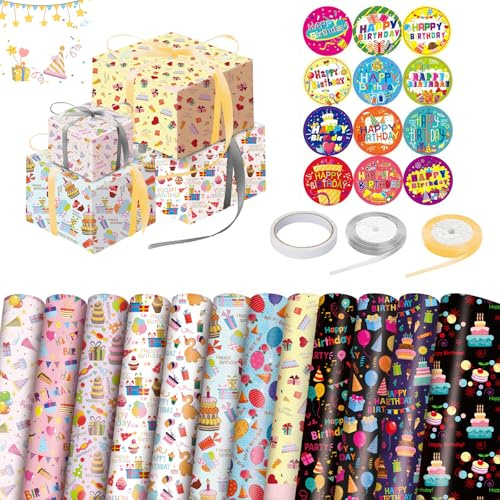 Shinybox Papel de Regalo Cumpleaños, 12 Hojas de Papel para Envolver Regalos con 2 Cintas y 12 Pegatinas, Papel de Regalo para Fiestas de Cumpleaños y Embalaje de Regalo para Todas las Ocasiones