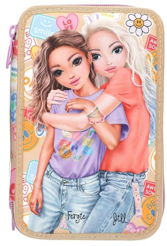 Depesche 13282 TOPModel Girl Power - Gefüllte 3-Fach Federtasche in Beige, mit Model Motiv und bunten Batches, Federmappe mit Buntstiften, Schere, Lineal uvm.