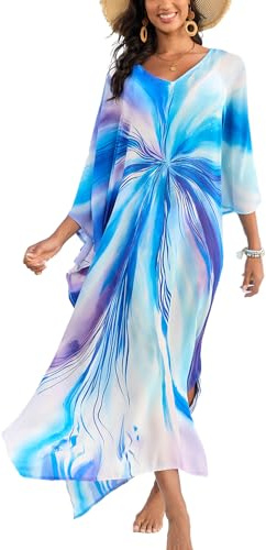 YouKD Dam pirkt blommig lång kaftan maxiklänning plusstorlek bikini strand täcker upp morgonrockar, D Färg 0, One Size