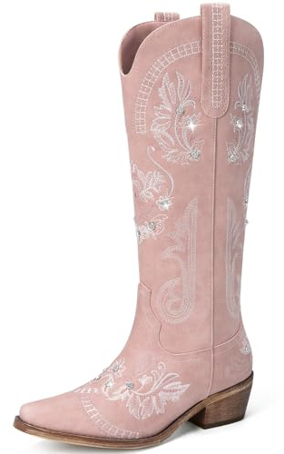 Dixhills Stivali da cowboy da donna, stivali da cowgirl larghi al polpaccio alti al ginocchio, stivali da cowgirl con strass scintillanti glitterati con ricamo classico, stivali retrò a punta con