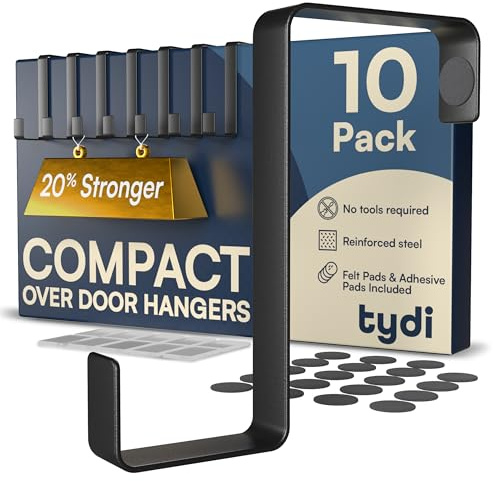 Tydi Compact Over Door Hanger (10 Pack) – Holds 6KG – Reversible Fit for 3.6cm & 4.6cm Doors – Thick Stainless Steel Over Door Hooks with Felt & Adhesive Pads – Black