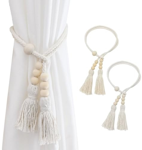 SanKristo Tiranti per Tende 2 Pezzi, Due Modi di Legare la Corda della Tenda Boho Tassel No Punching Lunghezza Regolabile Perline di Legno Mano Tessuto Corda Cravatte per Tende Accessori Beige