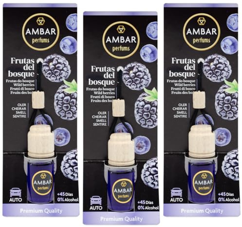 Ambar Perfums - Ambientador Coche Frutas del Bosque Pack 3 Unidades | Colgante 6,5 ml | Elimina Malos Olores | 0% Alcohol | Extractos Naturales | Duración +45 Días | Aroma Intenso y Duradero