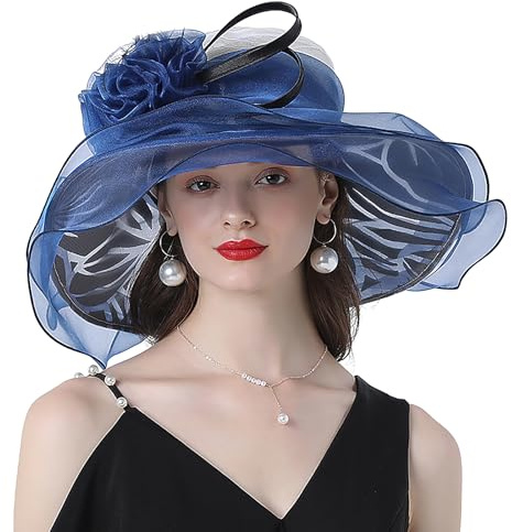 JIAHG Capeline Organza Femme Chapeau de Mariage avec Fleur Élégant Chapeau Derby Cérémonie Banquet Soirée Chapeau de Soleil à Bord Large Protection Solaire