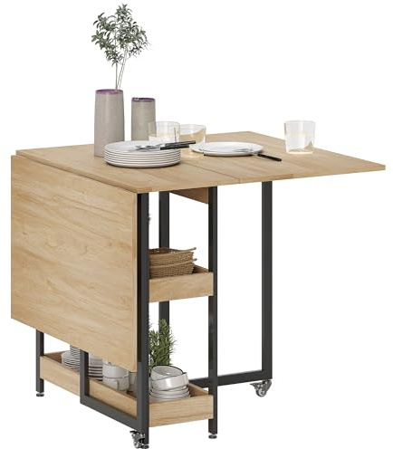 HOMCOM Table à Manger Pliante Extensible sur roulettes 4 Personnes Chêne