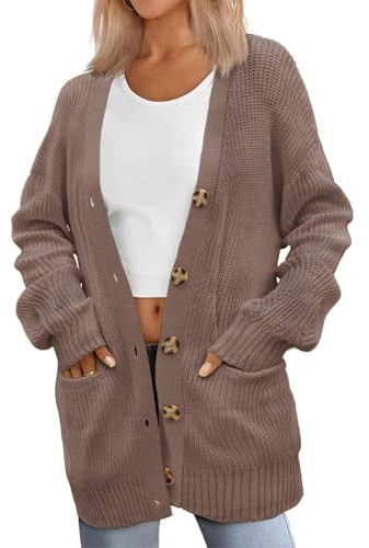 Zeagoo Women's Cardigans Long Sleeves V Neck Chunky Knit Cardigan Casual Loose Outerwear Pockets Autumn Winter Brown M
