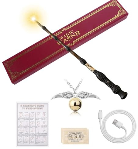 Rakuker Baguette de Sureau Lumineuse, Réaliste Baguette Dumbledore, Sureau Baguettes avec Chargeur USB, 38CM Dumbledore dans Un Coffret Cadeau avec Carte de Sorts, Ticket de Gare et Collier