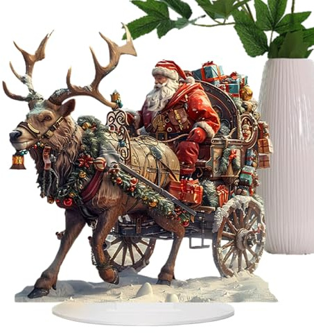 Figura de reno de Papá Noel, acrílico 2D de Papá Noel en trineo con ciervo, figura de Papá Noel de trineo de reno, figura coleccionable de invierno para decoración del hogar para chimenea, cocina