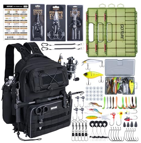 Goture Angelrucksack mit 3 Köderbox Angeln - Angelrucksack mit Köderboxen Set, Köderset & Werkzeugsets (Zange, Kontrollgriff, Schere) für Süß- und Salzwasserangeln