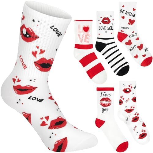 BRUBAKER 5 Par Damstrumpor - I Love You & Be Mine - Vita Tennissockor med Röda Hjärtan - Set för Damer med Crew Modell - Mjuka, Mysiga och Bekväma Modeller i Bomull av Hög Kvalitet - Storlek 36-41