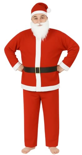 Globly Costume Père Noël pour homme avec veste, pantalon, chapeau, ceinture et barbe | robe universelle pour fête de Noël, carnaval, cosplay