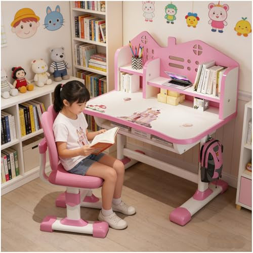 toilmua Bureau avec chaise pour enfants de 3 à 12 ans, réglable en hauteur, bureau fonctionnel et ensemble de chaises, plaque de densité, distance dorée, séparation scientifique, école pour enfants