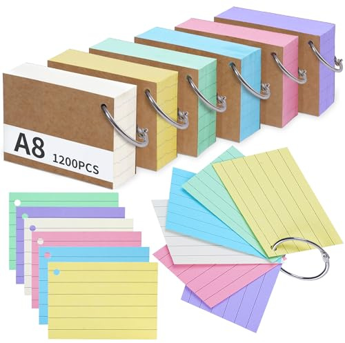 ELAKIRI 1200er A8 Karteikarten mit Metallringen, 180g/m² verdicktes Papier beidseitig liniert, 6 Farben bunte Lern‑ und Vokabelkarten, Flashcards & Index Cards für Formeln, Notizen, Schule und Büro