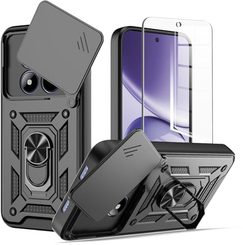MQERYBV hülle für Xiaomi Redmi Note 15 Pro 5G Handyhülle Kameraschutz Slide Camera mit Glasfolie Schutzfolie, 360 Grad Drehbar Metall Ring Fallschutz Handy Hüllen Outdoor Schutzhülle Cover，Schwarz