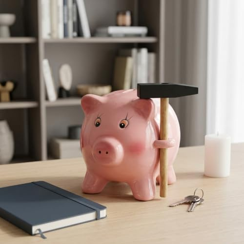 MIJOMA Keramik Sparschwein Rosa 12,5 x 11 x 10 cm – mit Hammer zum Öffnen – dekorative Spardose für Erwachsene – Geschenkidee mit Stil