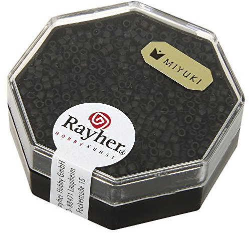Rayher Hobby Rayher Delica-Rocailles, Miyuki-Rocailles, metallic matt, schwarz, 1,6 mm ø, Dose 6 g, Perlen zum Auffädeln, Glasperlen klein, 14761576