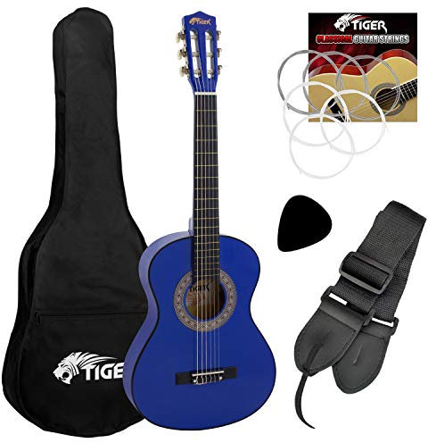 TIGER CLG6-BL Klassische Gitarre für Anfänger, 1/2 Größe, im Set - inklusive Gigbag, Ersatz-Nylonsaiten und Gitarrenpick - Blau