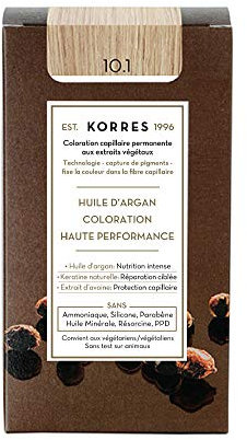Korres Coloration Permanente aux Extraits Végétaux - Couvre 100% des Cheveux Blancs - Sans Ammoniaque, Sans PPD - 10.1 Blond Platine Cendre