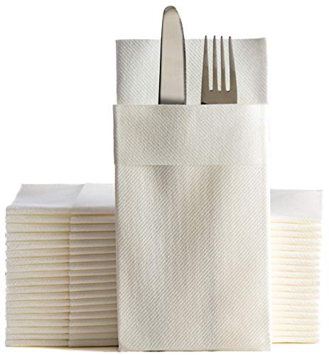 Moyes Home White Disposable Dinner Napkins with Pocket - Linen-Feel Pre-Folded Cloth-Like Paper Napkins for Silverware, Weddings, Dinner Parties, 16x16 in, Pack of 50