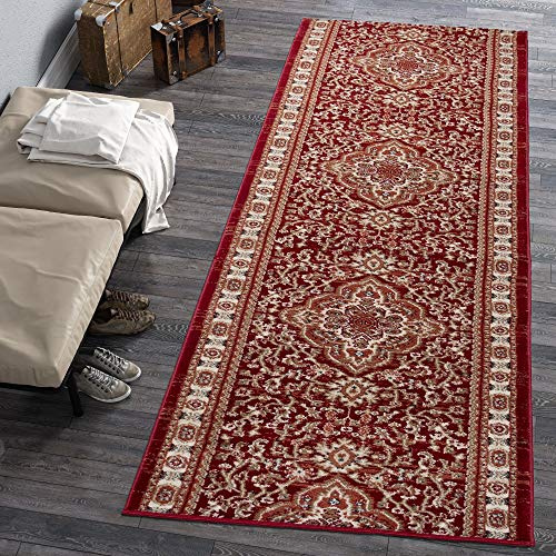Carpeto Läufer Flur 70x100cm Rot Klassisch Traditionell Weich Pflegeleicht | Teppichläufer für Küche Waschküche Schlafzimmer Fußbodenheizungsgeeignet Reinigungsmittelbeständig Lang Verkauf pro Meter