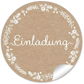 24 STICKER Einladung Etiketten als Siegel in Natur Kraftpapier Look mit weißer Blütenranke für Briefumschläge Anhänger oder Postkarten zur Hochzeit Geburtstag Taufe, 4 cm, matt