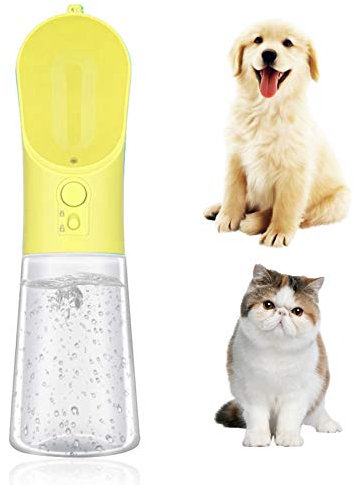 PJDDP Bouteille Portable Pet Eau avec Filtre Activé, Bouteille 400Ml Chien Voyage Tasse d'eau, Étanche Bouteille Pet Distributeur d'eau pour La Marche Feeder Potable Extérieur pour Chiens Chats,Jaune