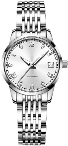 RORIOS Kvinnors automatiska uppdragare lysande klocka romerska siffror klocka rostfritt stål armband mode vattentät mekanisk klocka, silver B, armband, Silver b, armband