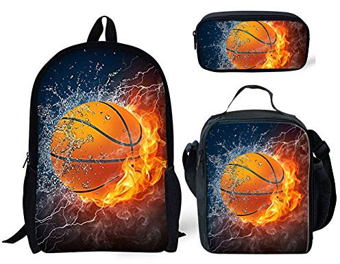 Binienty Kinder Mode Schulranzen Set 3 in 1, Rucksack, Lunchtasche, Federmäppchen für Jungen Mädchen, Feuer-Basketball, Einheitsgröße,