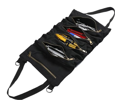 Kaaltisy Werkzeugrolle aus 16OZ gewachster Leinwand – Robuste Werkzeugrollentasche mit 5 Reißverschlussfächern, Schnellverschluss-Schnalle | Schwarz | Ideal für Handwerker, DIY-Projekte