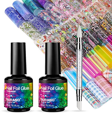 BURANO Transferfolien Gel Nagelfolien Keber Nail Art Foil Kleber Gel, Transferfolie Nägel 15ML 2 Flaschen mit 70PCS Foliensticker Set Nagelfolienkleber für Nägel, Designer Nagelfolien Nailart Folie