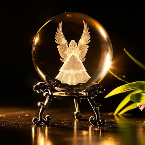 vskikris 6 cm 3D Laser Kristall Schutzengel Figur Kristallkugel Briefbeschwerer mit Ständer Basis - 3D-Gravur Kristall betender Engel Geschenk Heimdekoration | Briefbeschwerer mit Standfuß, 3D-Gravur, betender Engel Geschenk, Heimdekoration