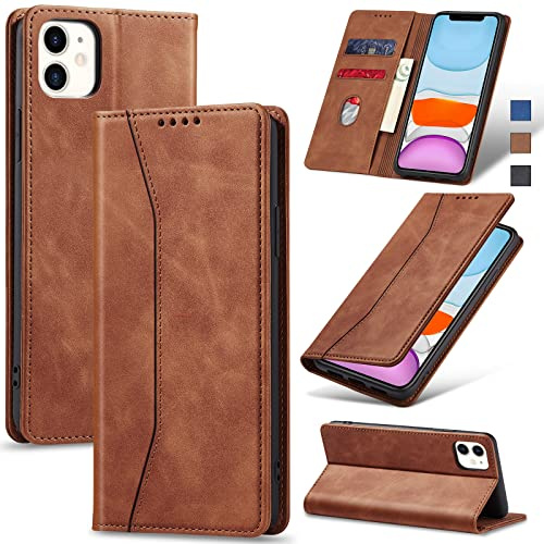 Jasonyu Skal för iPhone 11, Premium Läder Vikbart Skyddande Fodral [Hölster, Magnetisk, kortfack, stativfunktion] Wallet Leather Case Cover (Brun)