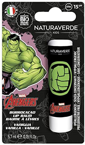 Naturaverde | Kids - Disney Marvel Avengers - Burrocacao di Hulk alla Vaniglia, Burro Cacao Bambino con Burro di Karité BIO, con Filtri UVA-UVB - SPF 15, Lipstick da 5,7ml