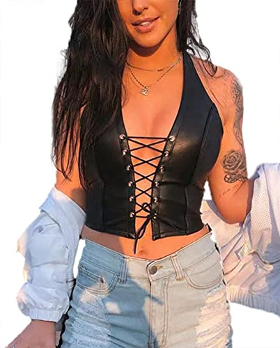 Women's Sexy Halter Backless Leather Tops Rivet String Lace Up Tank Tops Camisole (US, Alpha, Large, Regular, Regular, Black)