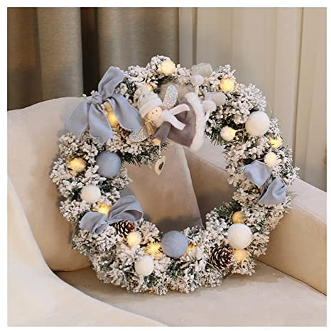 RSLEE Weihnachtskranz für Haustür, Tür, Weihnachtskranz mit Lichtern und süßem Engel, Schnee 50,8 cm, Weihnachtskränze, weißer Weihnachtskranz für Innenbereich, Urlaub, Dekoration, Weihnachtskranz,