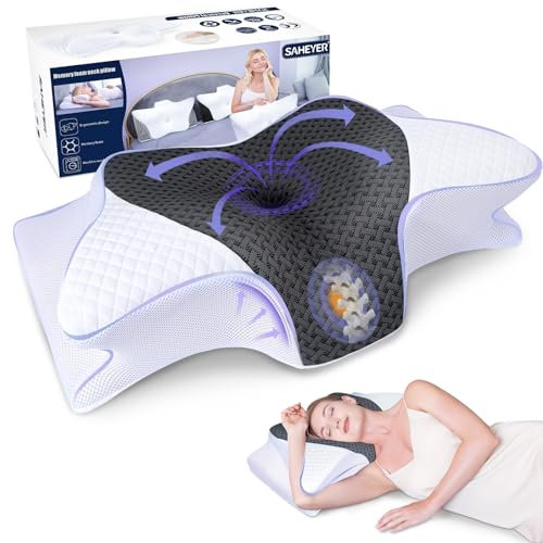 SAHEYER Nackenkissen, Memory Foam Kissen Seitenschläferkissen Ergonomisches Orthopädisches Nackenstützkissen Schlafqualität Verbessern Nackenhörnchen, 60 x 35.5 x 10/13CM Schlafkissen mit Kissenbezug