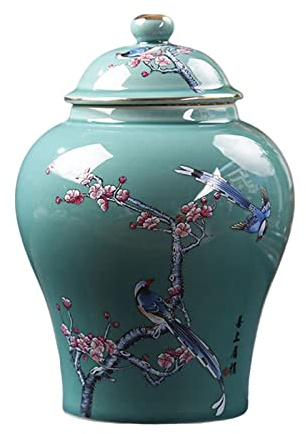 Generic Ancient Chinese Style Ceramic Ginger Jar, Food Storage Jar Vintage Style Decoration Table with Airtight Lid Floral Arrangement Tea Canister, Small