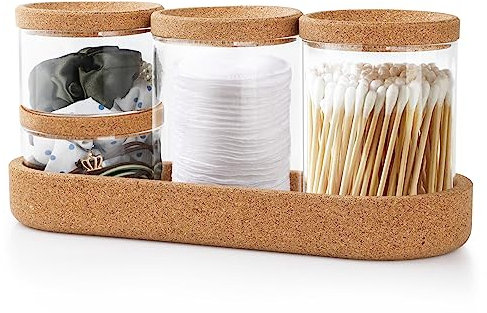 4er Wattestäbchen Behälter, Kork Abdeckung Wattepadspender mit Basishalter für Bad Wattestäbchen, Wattepads Aufbewahrung - Transparent