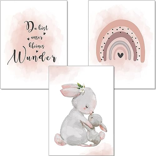 artpin® Affisch, barnrum dekoration – A4-bilder, babyrum, set om 3, rosa, grå för flickor – regnbågs-kaniner (K5)